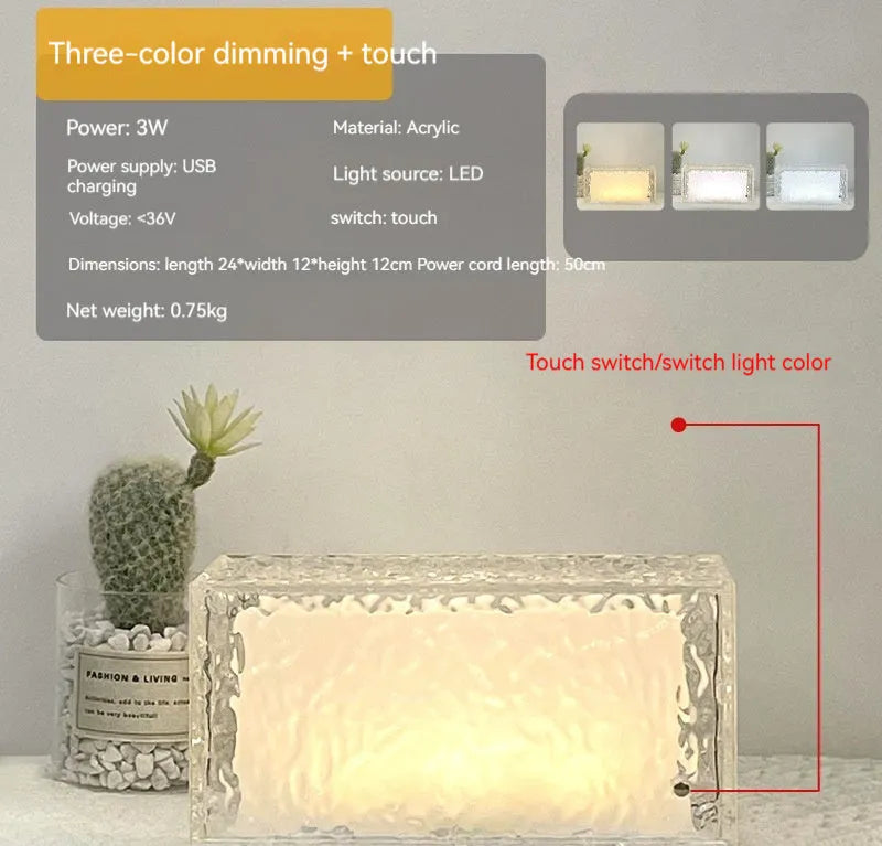 Acrylic ice cube geometric night lamp with colour changing light on bedside table