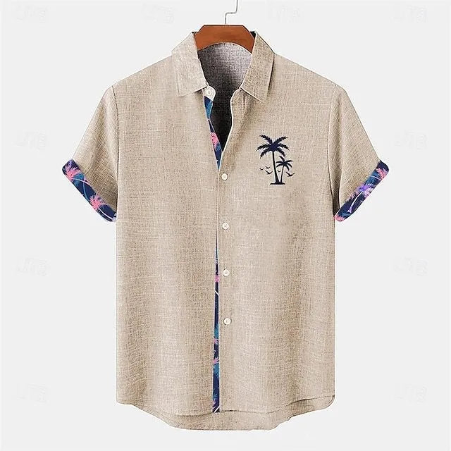 Linen short sleeve shirt with ocean fish pattern on lapel, loose casual fit for teenagers