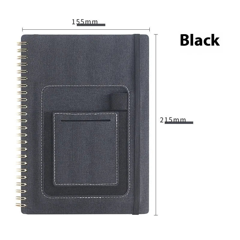 Erasable spiral notebook with stone paper in choice of cover colours, featuring optional pockets or sticky notes