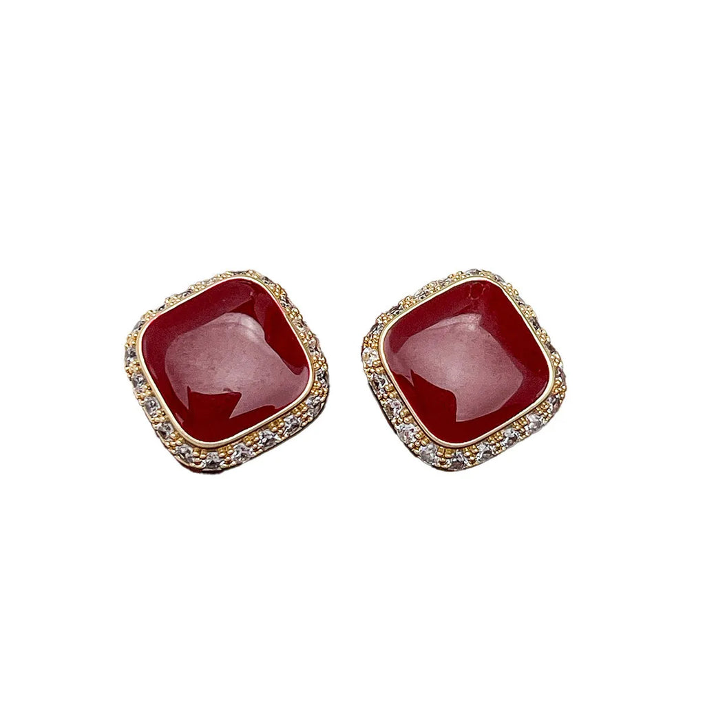 Red square alloy earrings with geometric design and inlaid detailing for women