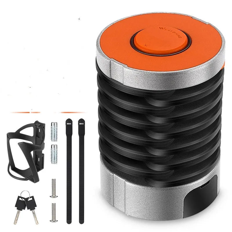 Portable black and black-orange bicycle folding lock made from zinc alloy and steel on a plain background.