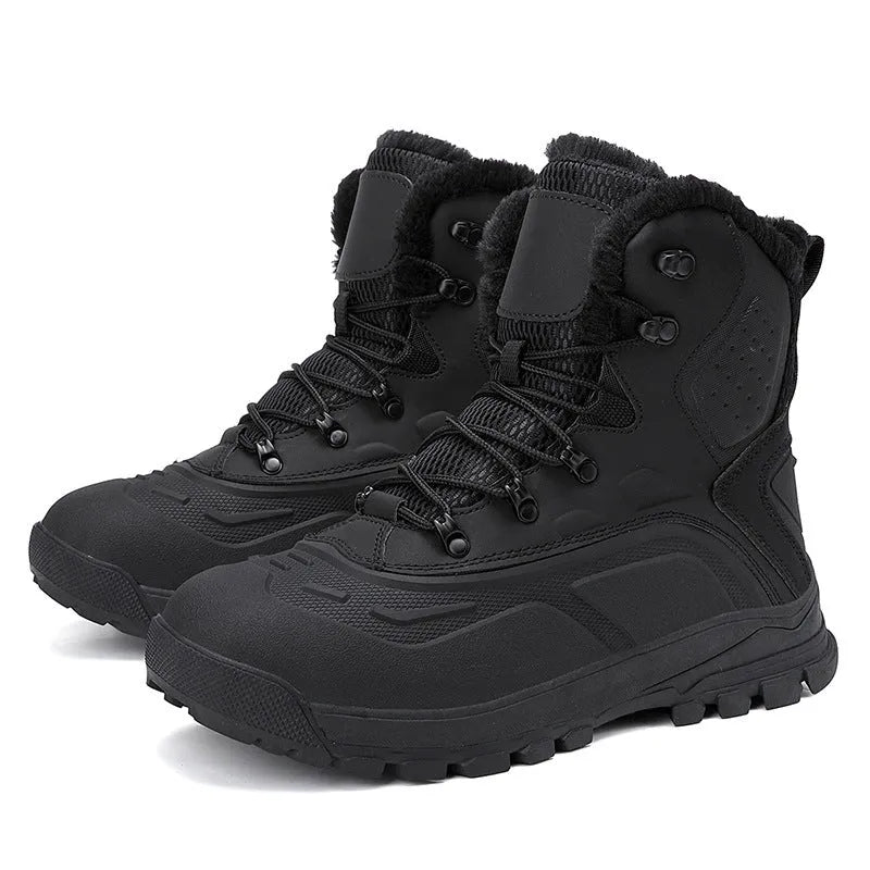 Men's black fleece-lined high-top boots with khaki velvet lining and lace-up front.