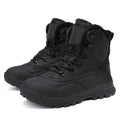 Men's black fleece-lined high-top boots with khaki velvet lining and lace-up front.