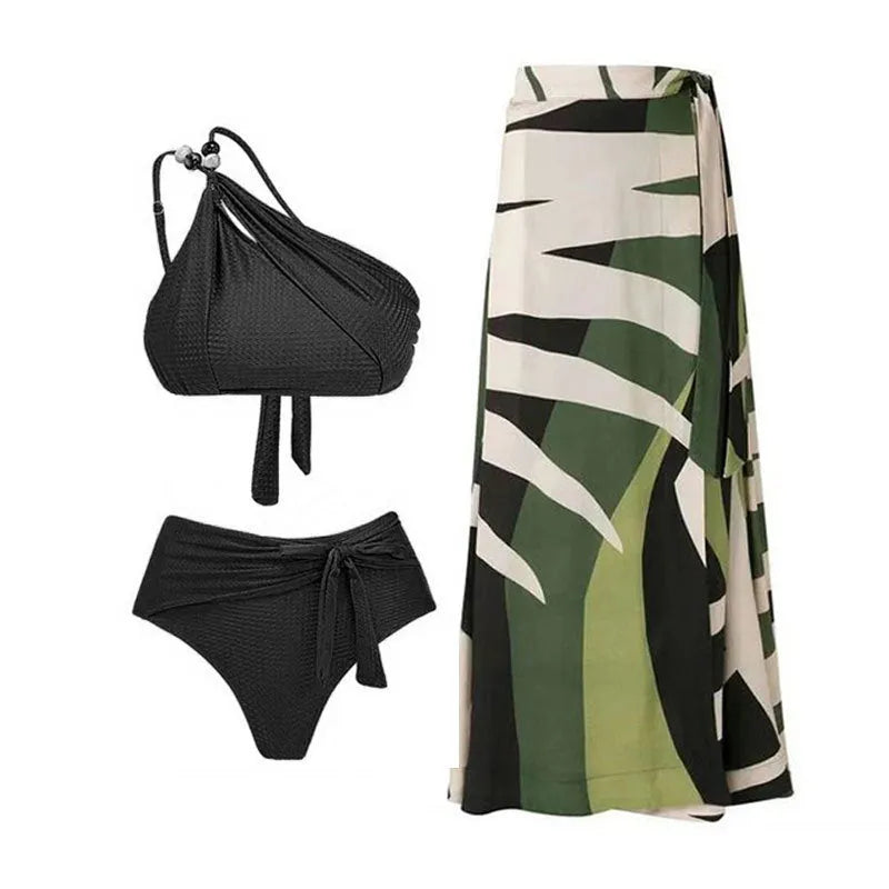 Brown high-waist push-up bikini set with chiffon dress cover-up for women