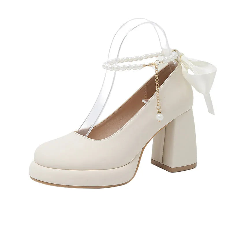 Women's Mary Jane shoes with ankle-strap buckle and chunky heel in beige, black, or milk tea colour
