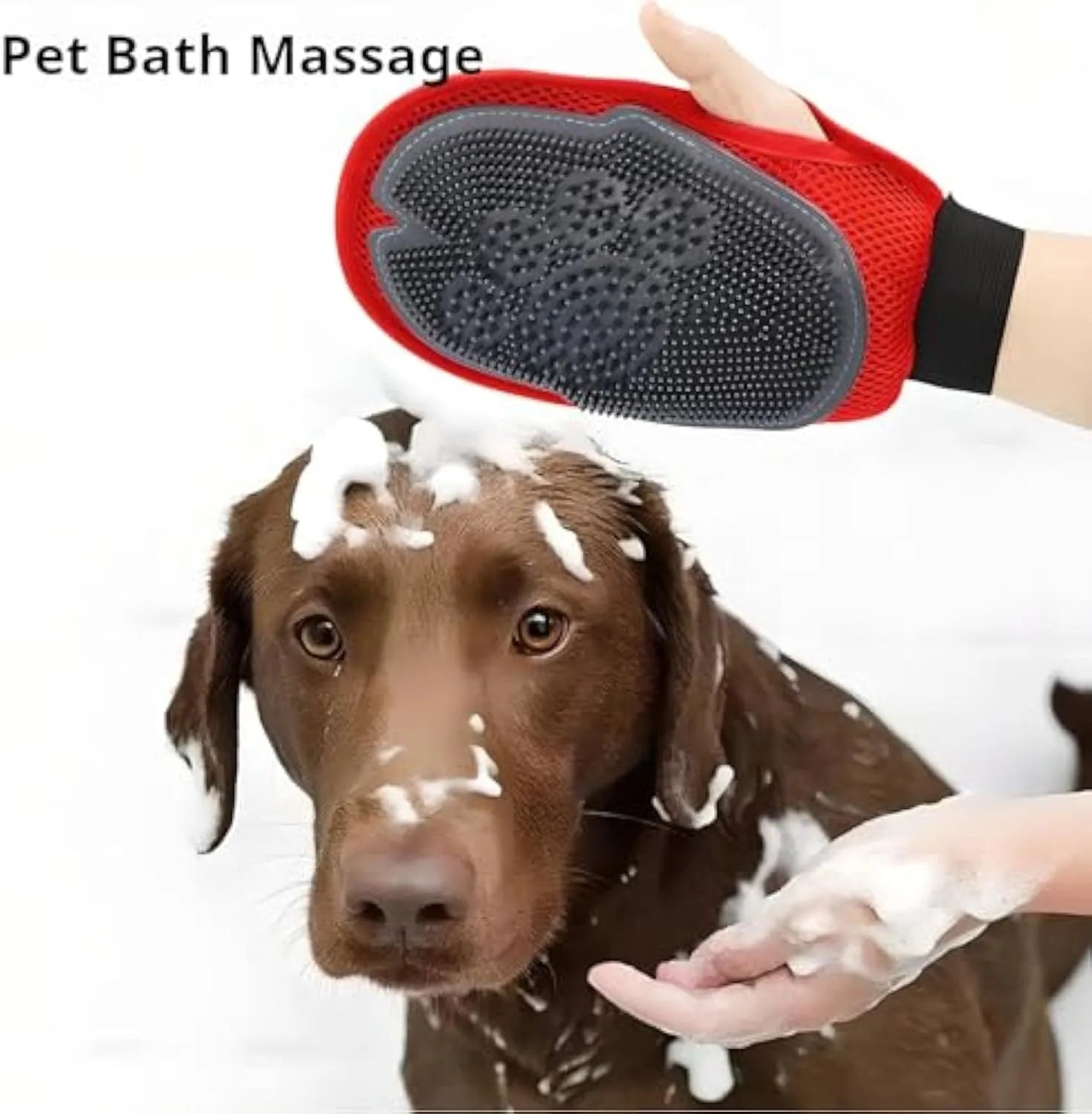 Red pet bathing glove with integrated brush for gentle grooming during wash time