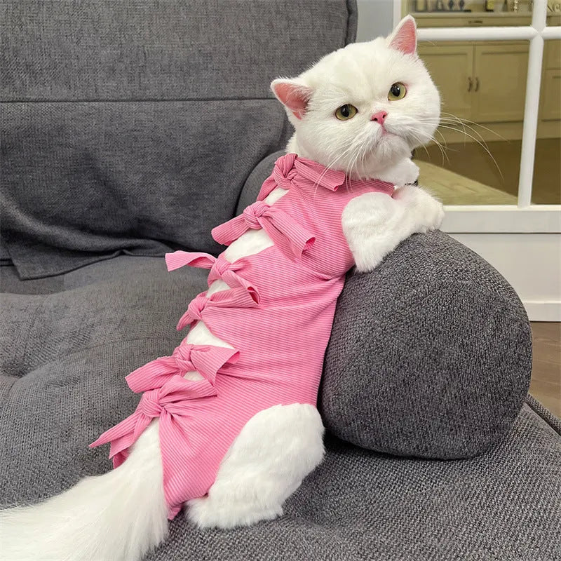 Polyester lace-up cat recovery suit in multiple colours for post-sterilisation surgery protection