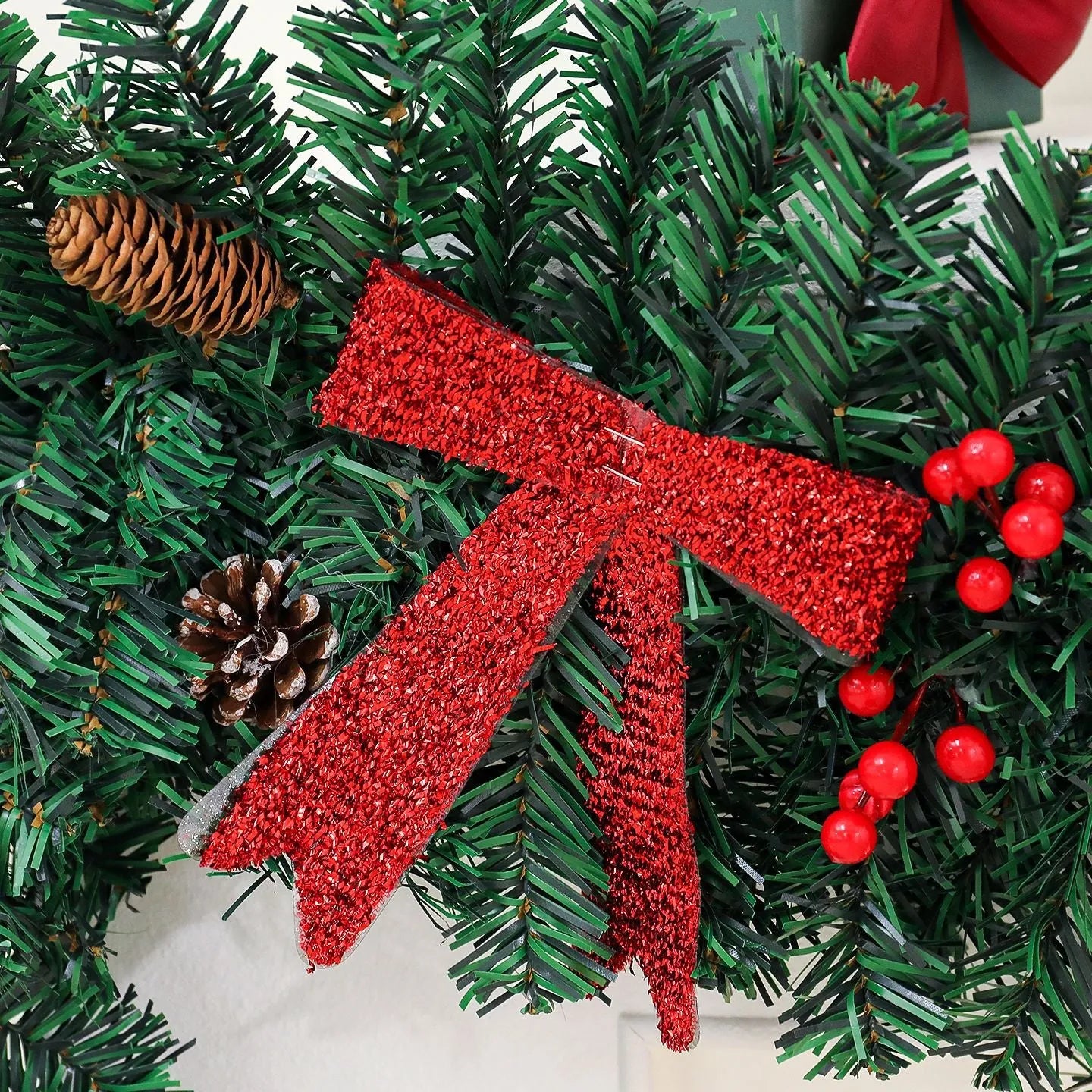 PVC rattan Christmas cane decoration with pine cone and bow design in European modern art style