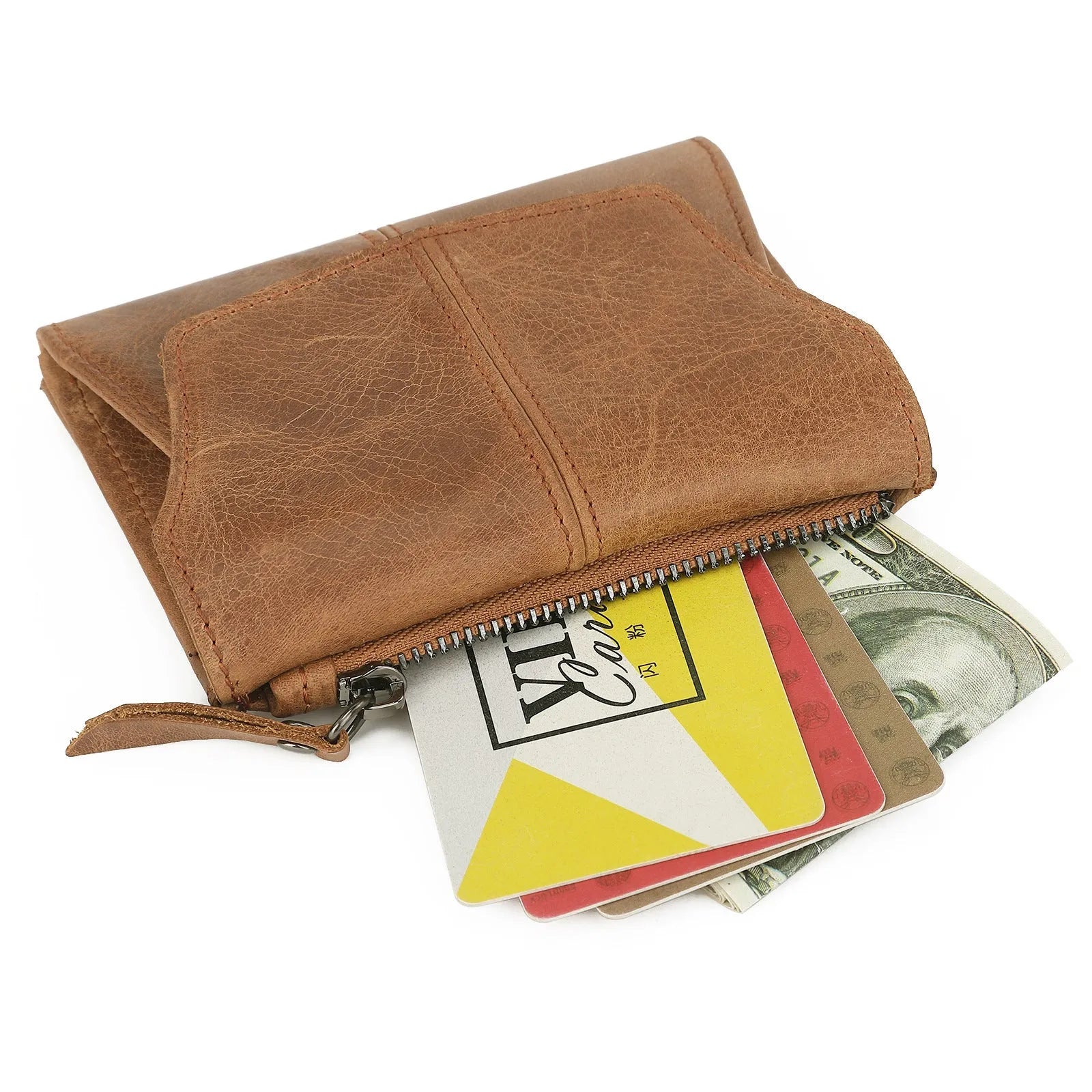 Genuine leather coin purse wallet in European retro style with stitching details and lock
