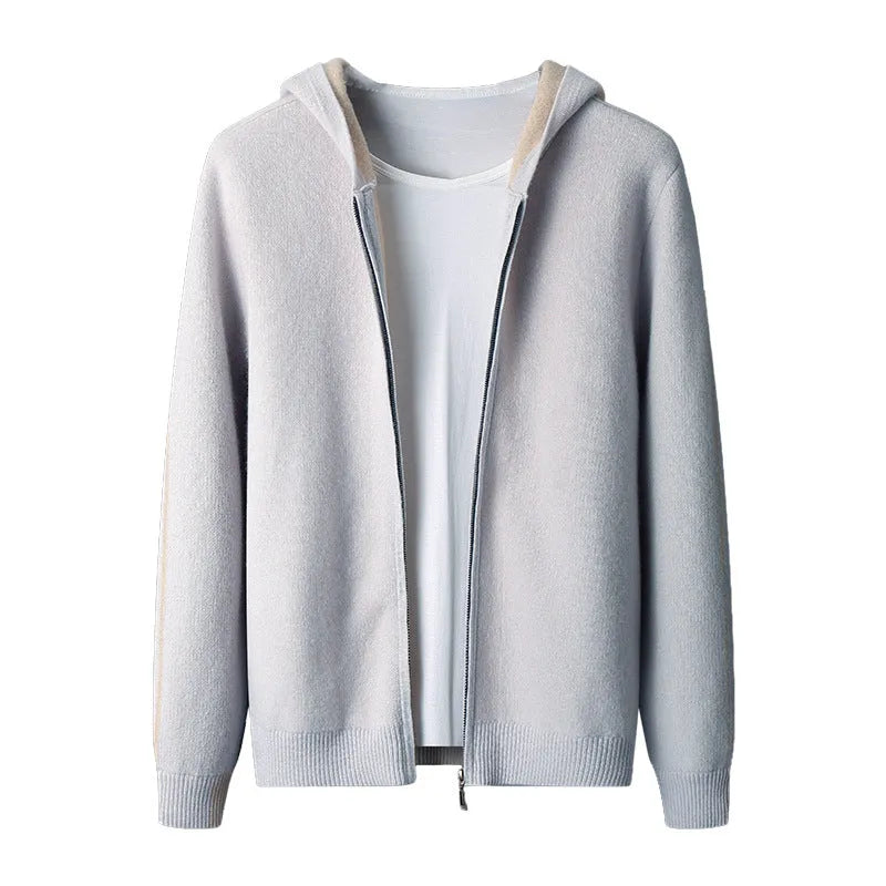 Men's dark blue cashmere cardigan with half-high collar and full-length zipper front