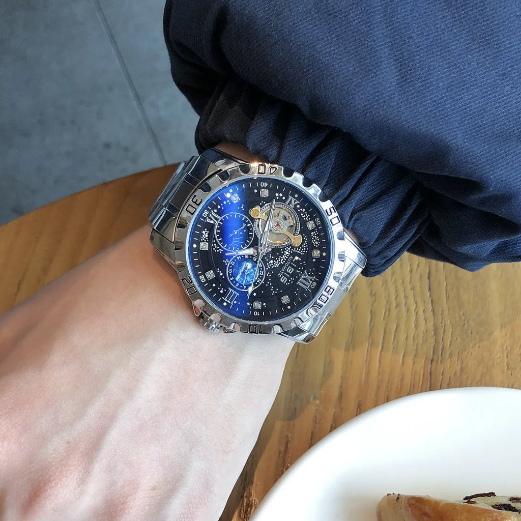 Men's silver case automatic mechanical watch with black starry sky dial and genuine leather strap