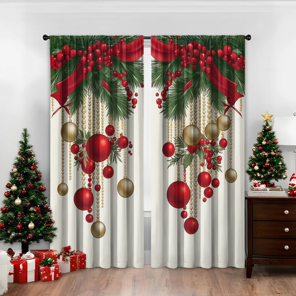 3D digitally printed Christmas curtain with modern simplicity design showing festive imagery