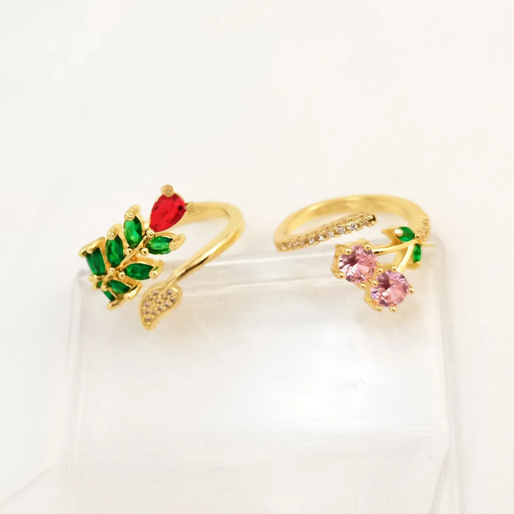 Gold-plated copper geometric open ring with zircon leaf design for women