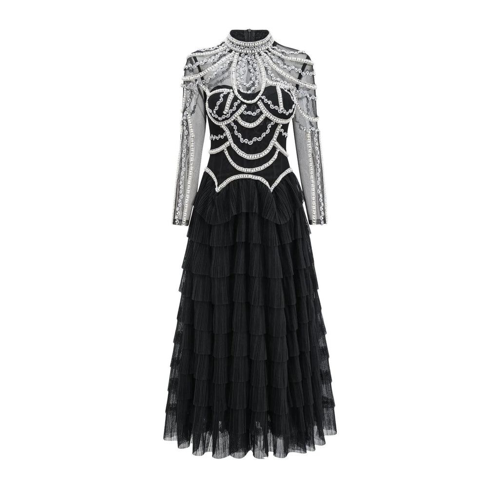 Women's long sleeve beaded polyester dress in black or pink with mid waist design