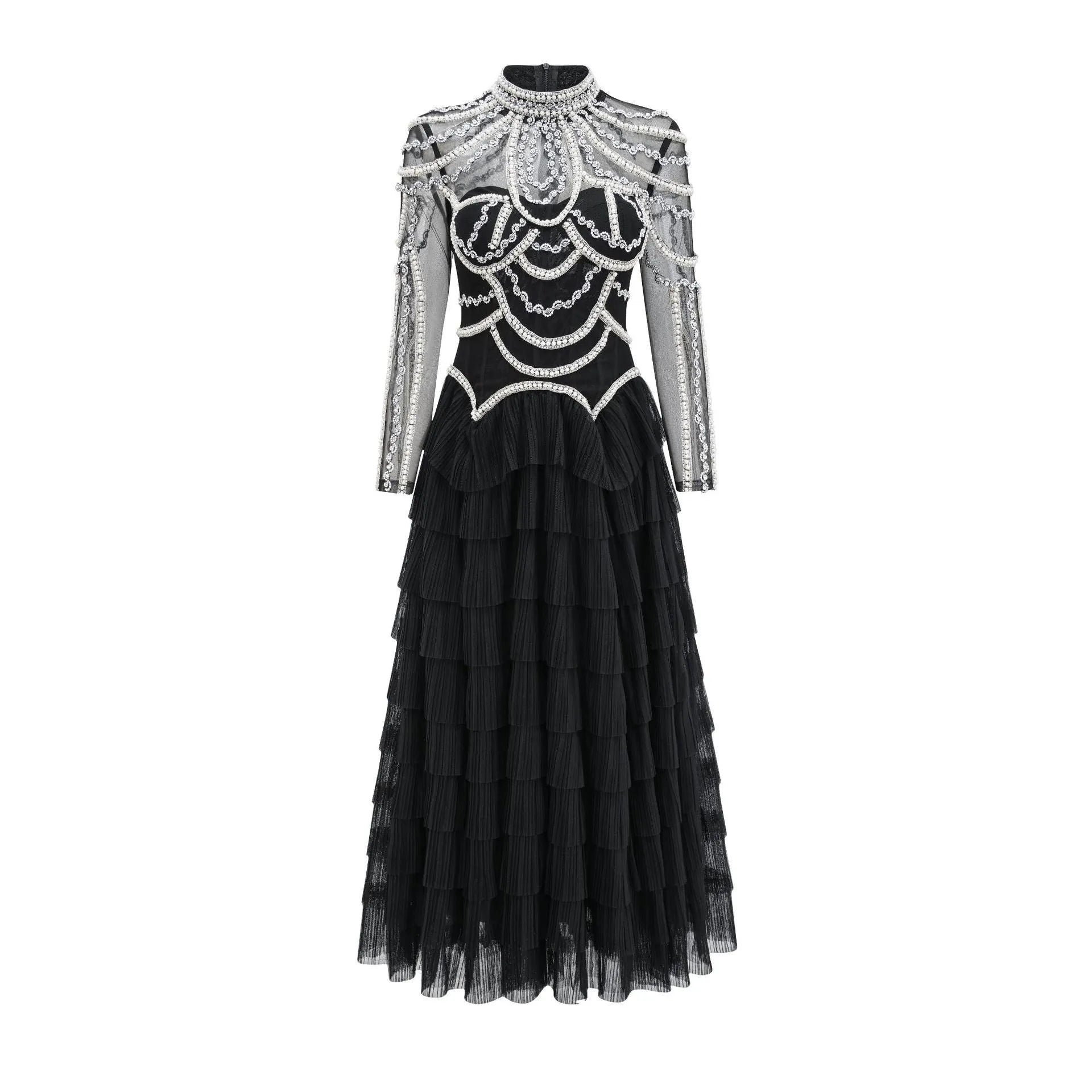 Women's long sleeve beaded polyester dress in black or pink with mid waist design