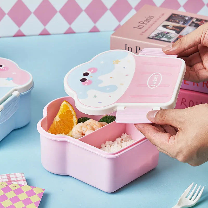 Pink and blue cartoon-style ice cream shaped plastic lunch boxes with spoons and forks.