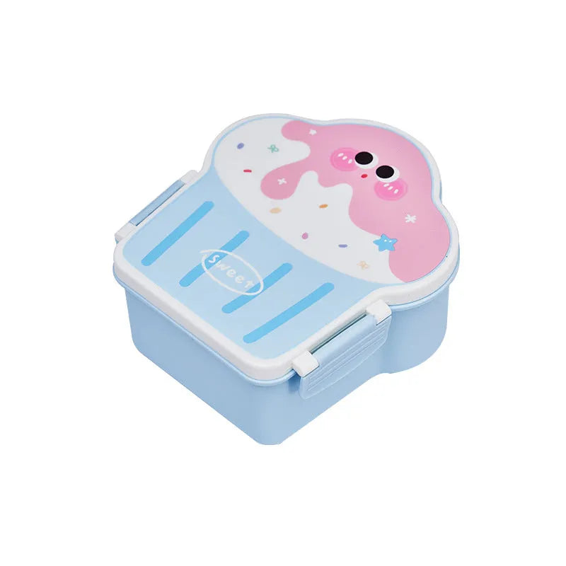 Pink and blue cartoon-style ice cream shaped plastic lunch boxes with spoons and forks.
