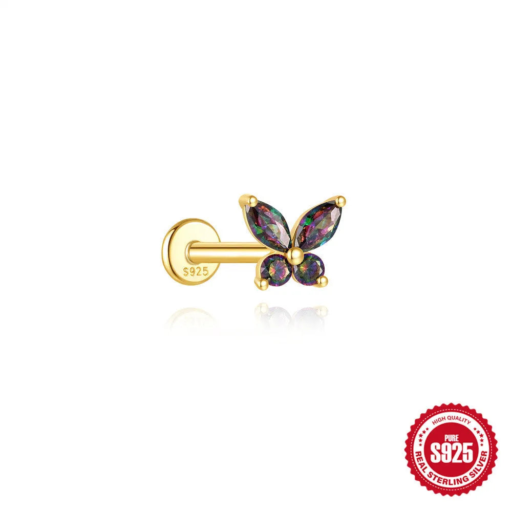 S925 sterling silver piercing earrings with super shiny rainbow stone and flat head thread in gold colour