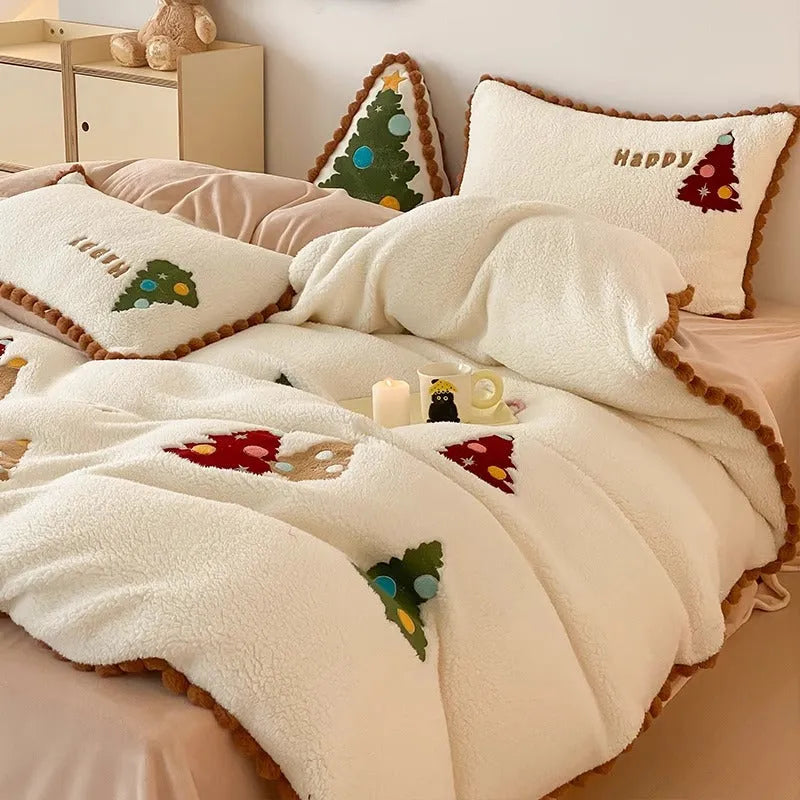 Bright yellow fleece-lined four-piece bedding set with cartoon Christmas tree pattern and embroidery detail