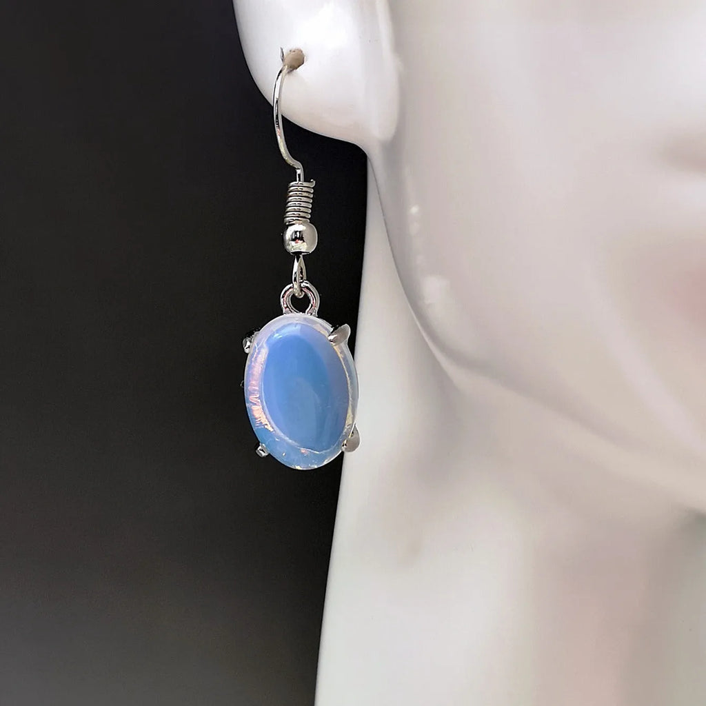 Opal cross pendant drop earrings with moonstone crystal accents measuring 20-24cm in retro vintage style