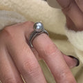 Black pearl adjustable open finger ring with geometric copper design for women