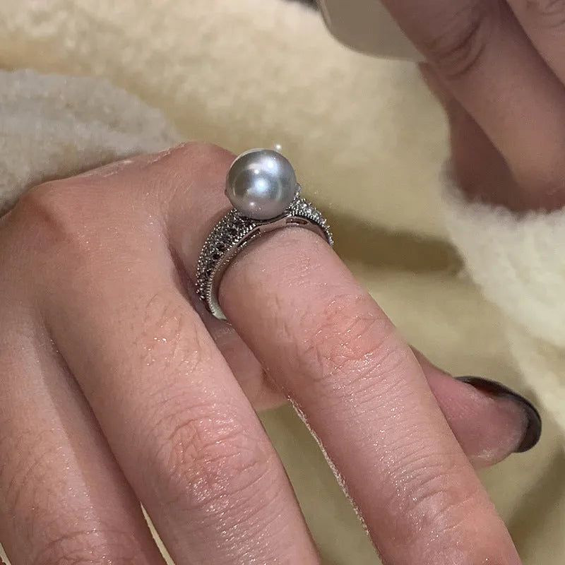 Black pearl adjustable open finger ring with geometric copper design for women