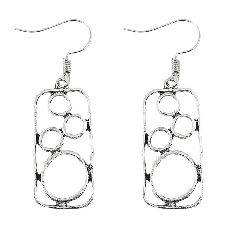 Round ring geometric earrings with irregular square design in antique silver finish