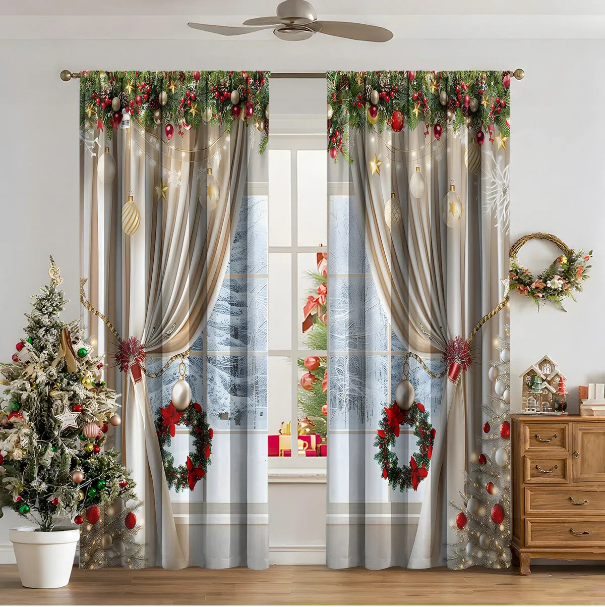 3D digitally printed Christmas curtain with modern simplicity design showing festive imagery