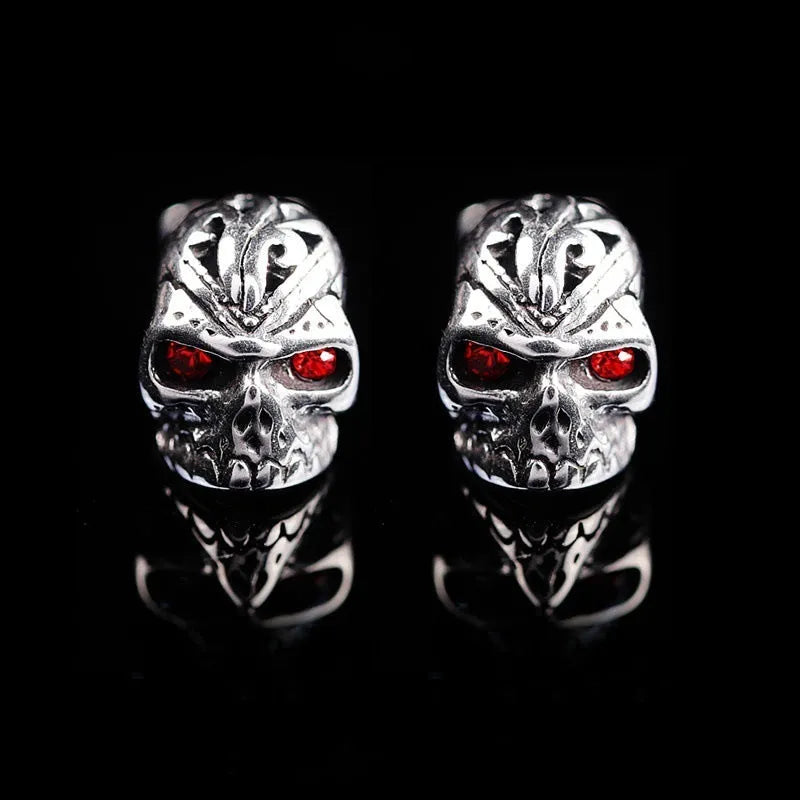 Red eye ghost head skull stud earrings in electroplated alloy with artificial gemstone inlay