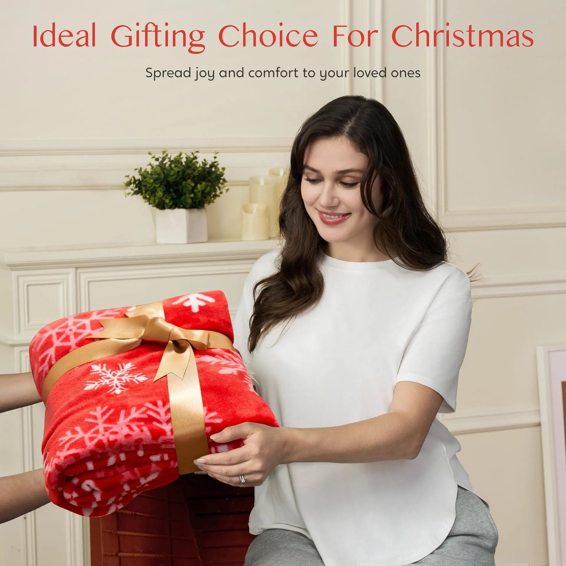 Soft plush Christmas blanket in polyester fibre showing colour options and size dimensions.
