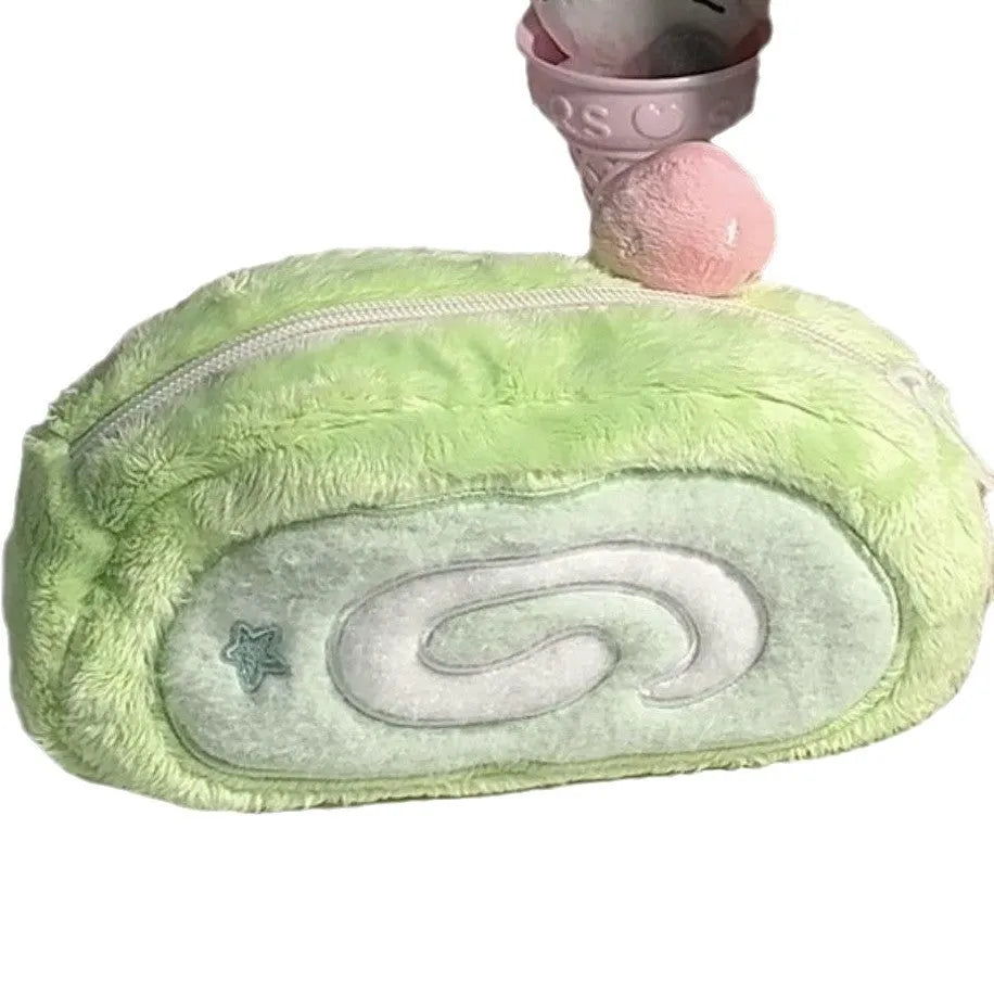 Velvet Swiss roll cake design pencil case in Korean style for stationery storage.