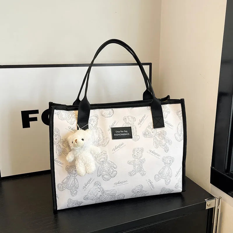 Women's canvas tote bag with rhombus pattern in black or white colour options