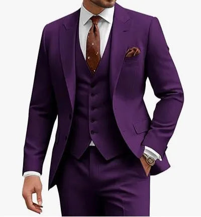 Men's slim fit three-piece suit in a bright red colour, featuring a jacket, waistcoat, and trousers.