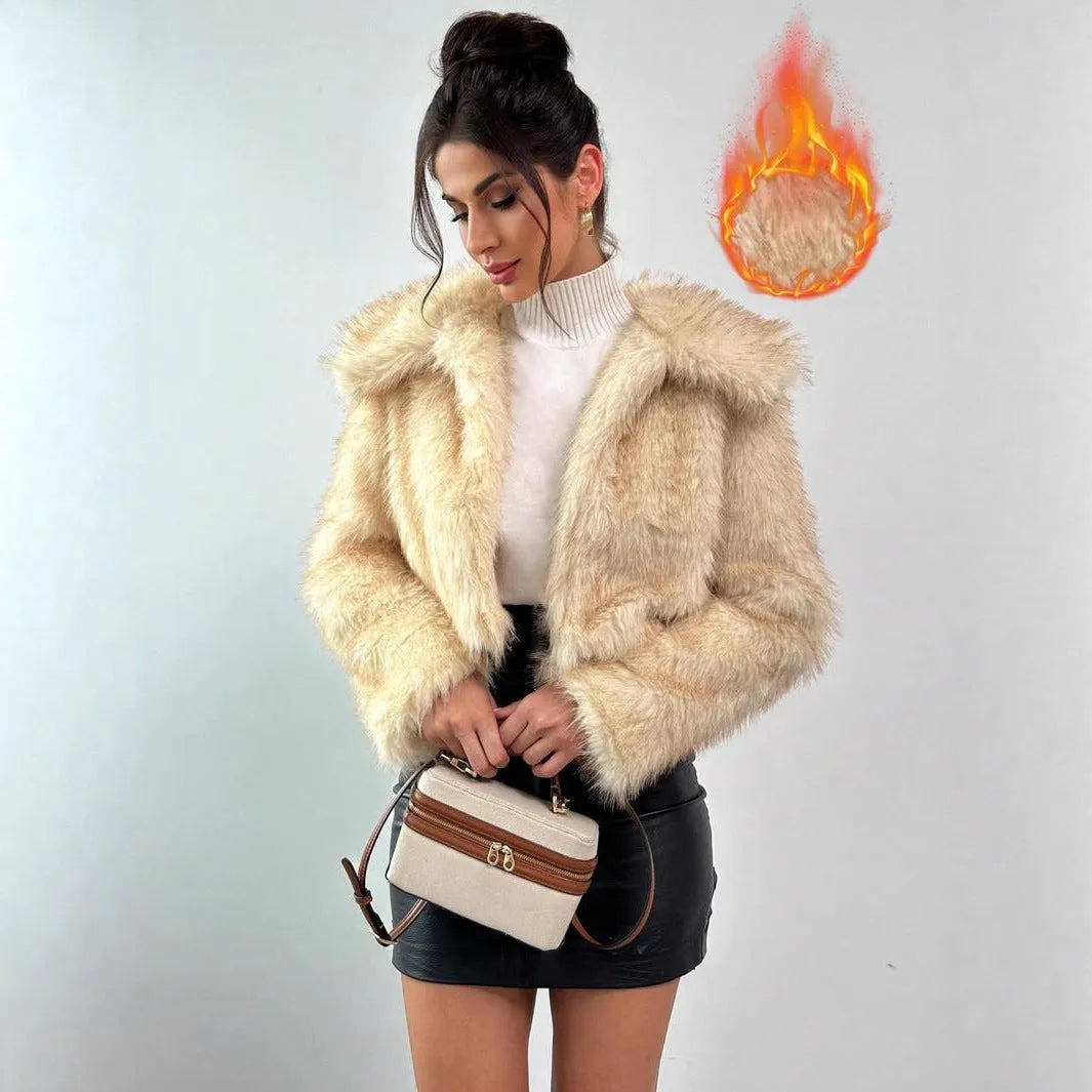 Artificial fox fur fashion coat with fur collar in short 40cm length and long sleeves