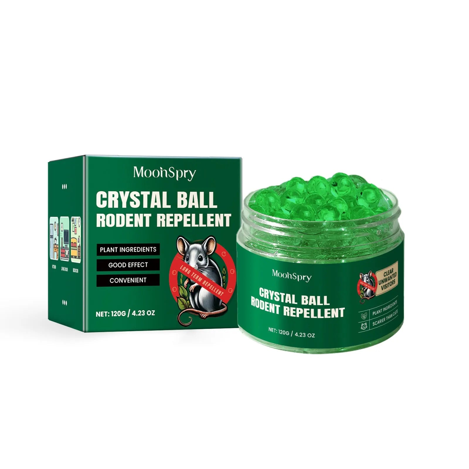 60ml bottle of natural rat repellent spray with essential oils of clove, peppermint, camphor, and chili.