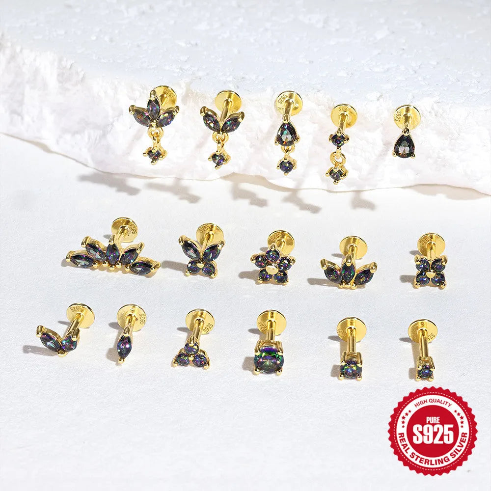S925 sterling silver piercing earrings with super shiny rainbow stone and flat head thread in gold colour