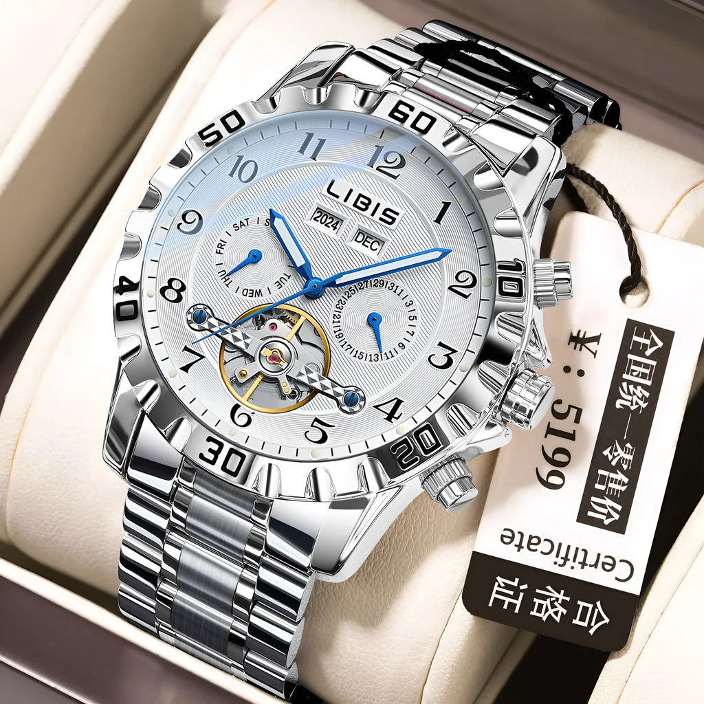 Silver automatic perpetual calendar mechanical watch with stainless steel strap and sapphire crystal glass