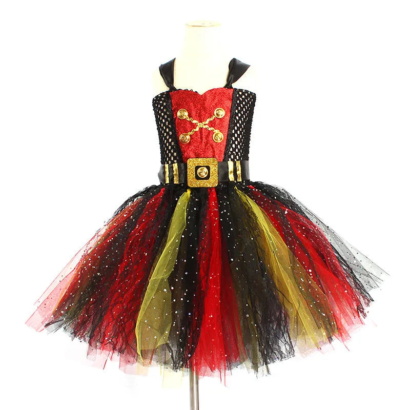 Pirates of the Caribbean inspired sleeveless dress costume for girls with sequin and mesh detailing.