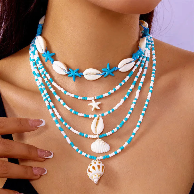 Women's multi-layer starfish shell bead necklace set with adjustable chain