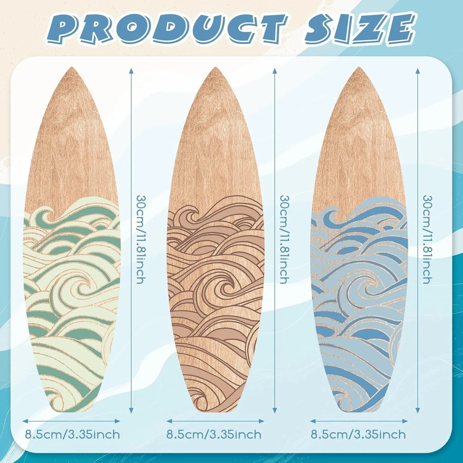 Three wooden surfboard-shaped wall decorations in boxwood with European style design