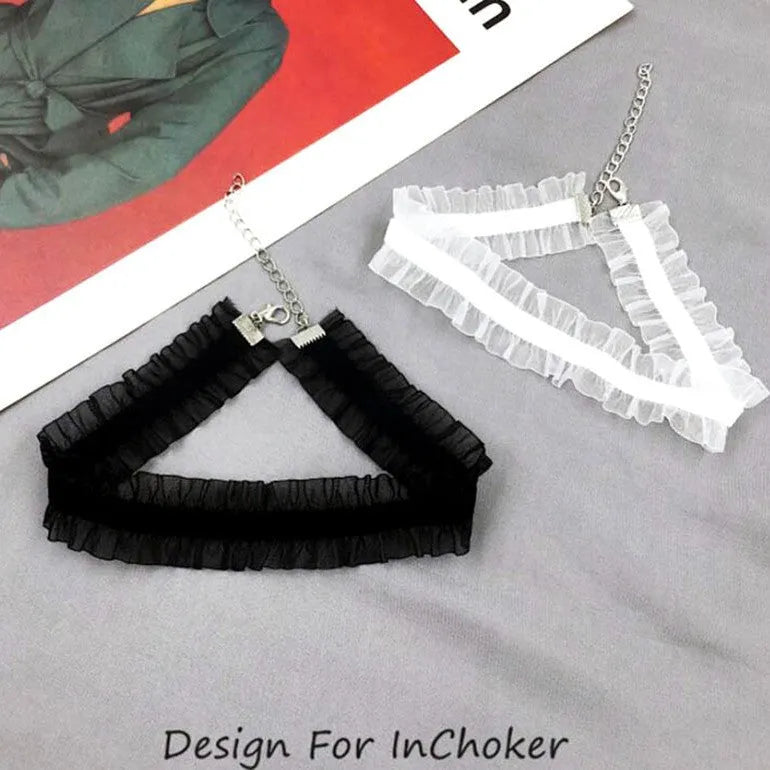 Alloy velvet ruffled necklace with flower pendant on a snake bones chain in black, light coffee, or white.