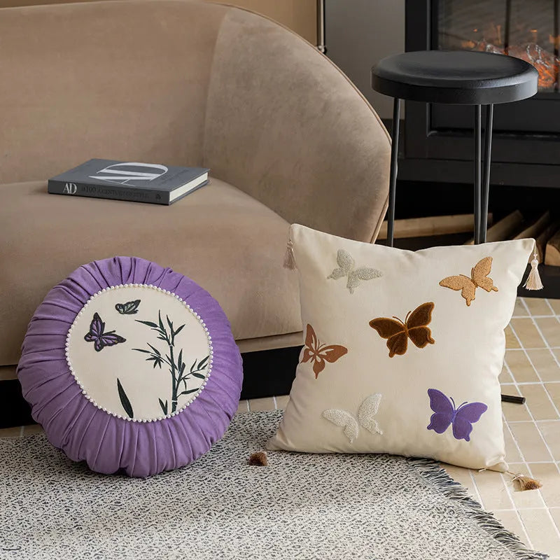 Butterfly embroidered Chinese style cushion in beige black purple colours measuring 45x45cm