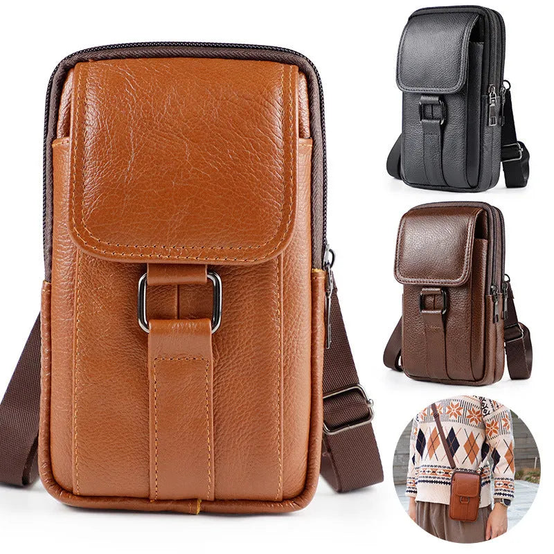 Men's black composite cowhide leather waist crossbody bag with lock fastener and coin pocket