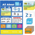 Alphabet learning sleeve chart with word cards, letter cards, and picture cards laid out for play.