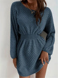 Blue women's knitted dress with French round neck, fitted waist, and crocheted flower details
