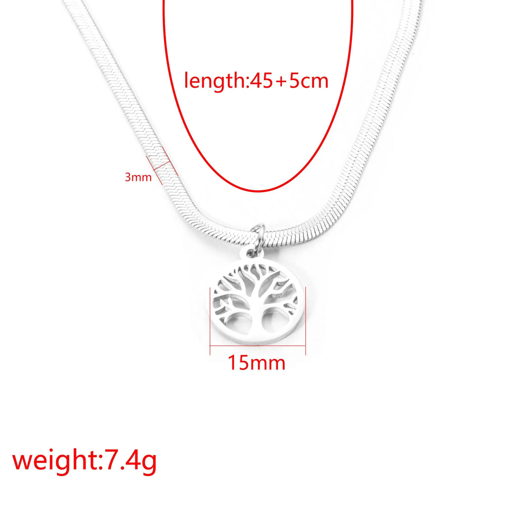 Stainless steel lucky tree necklace with U-shaped pendant on an adjustable snake bone chain.