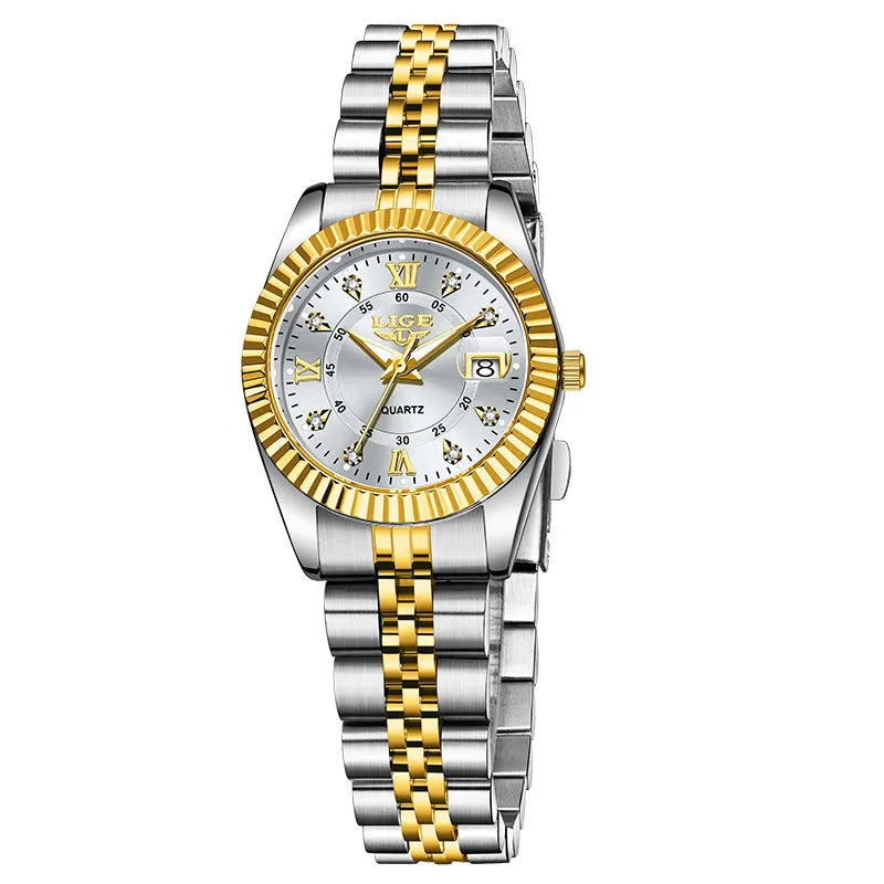 Women's waterproof quartz fashion watch with a 10mm thick case in a gold and black colour variant.
