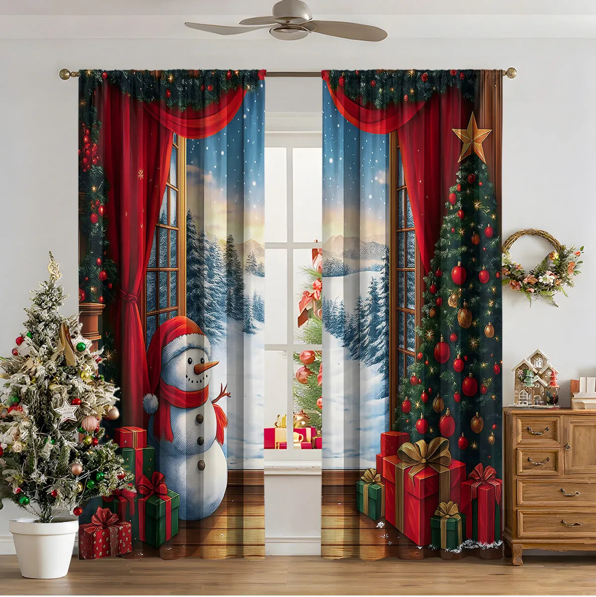 3D digitally printed Christmas curtain with modern simplicity design showing festive imagery