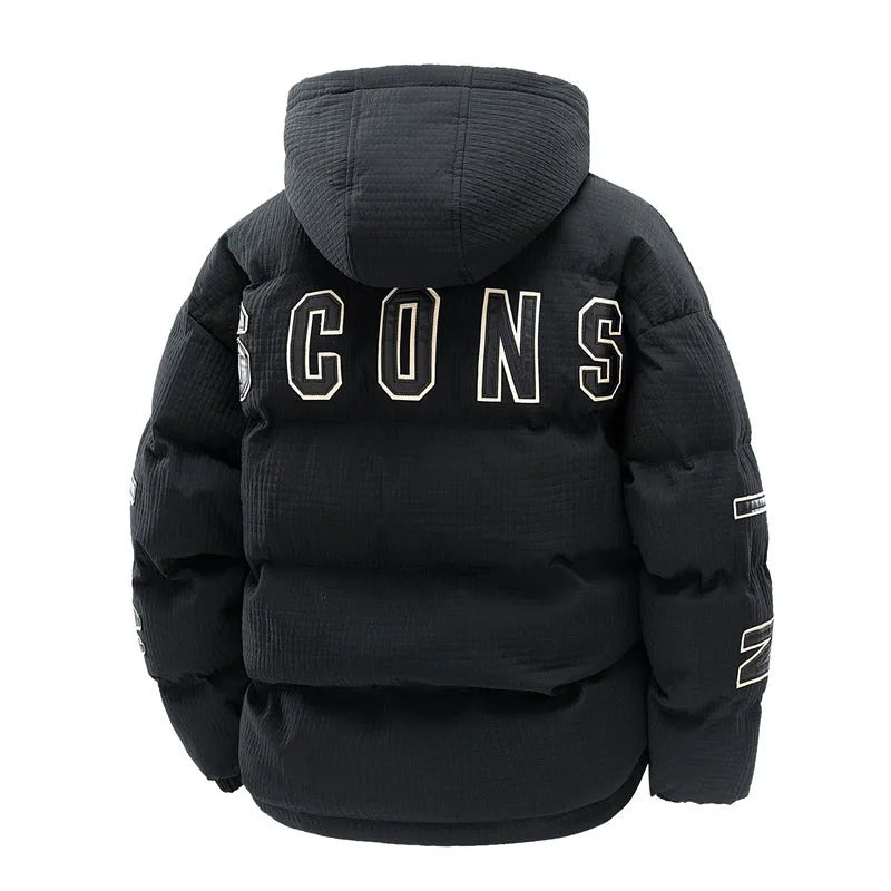 Men's black cotton-padded hooded winter coat with white letter-print design, Korean cardigan style with side pockets