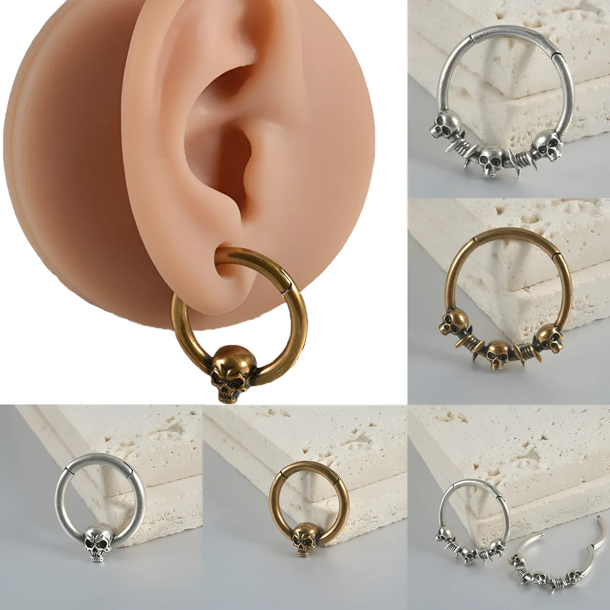 Close-up of copper punk earring with detailed ghost head design in antique silver finish.